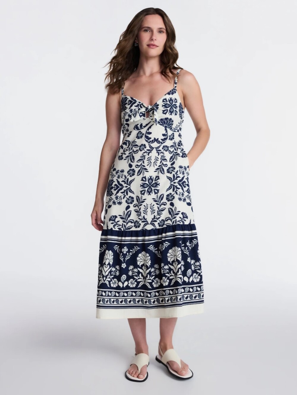 Euro Summer Cottage Beachy Large Midi Dress Tie Front Vacation Resort Boho